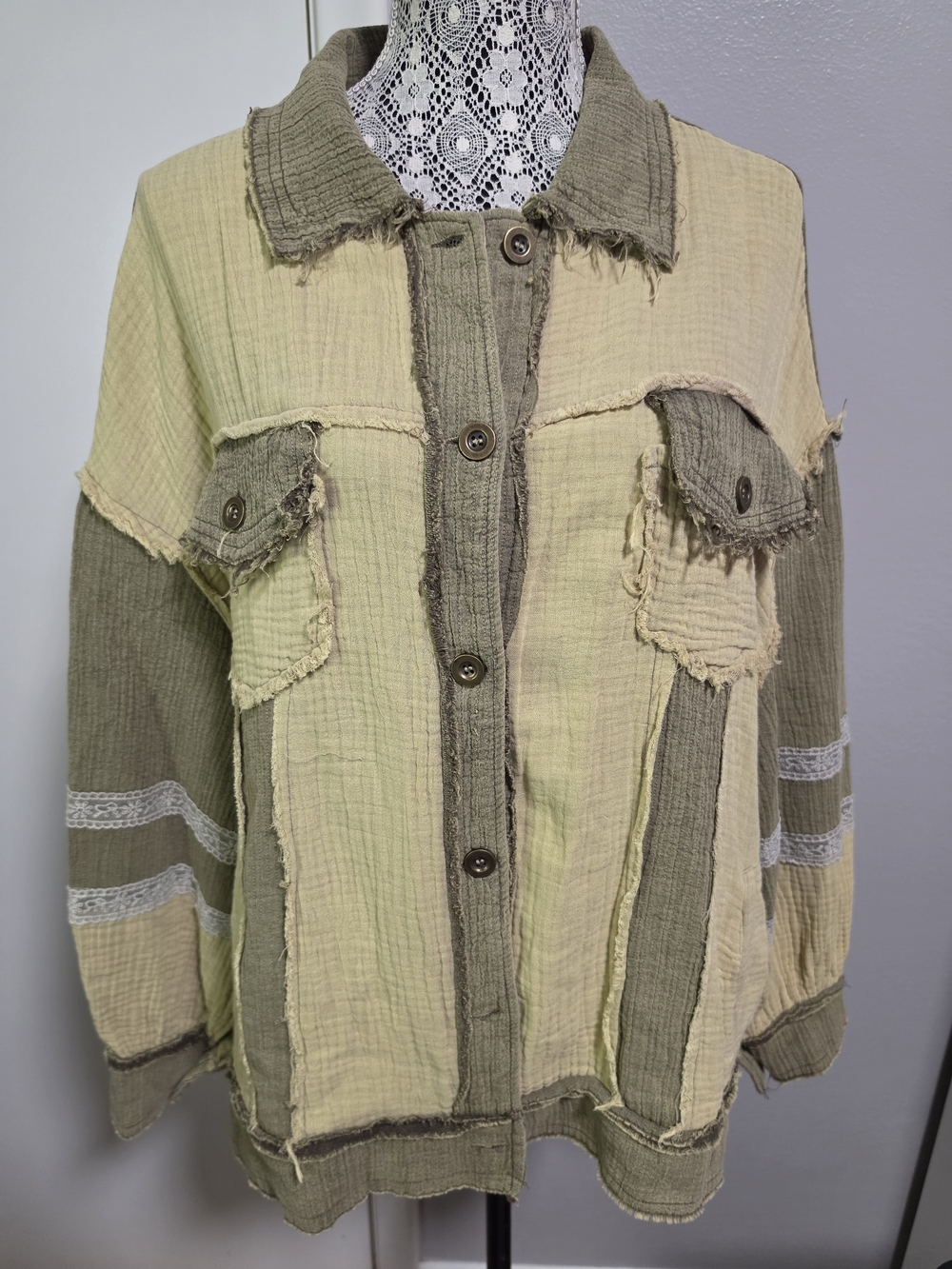 POL Two-Tone Olive & Cream Patchwork Button-Up Jacket
